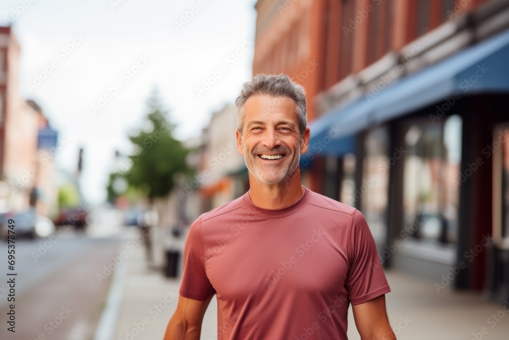 Fototapeta premium Portrait of a joyful man in his 50s wearing a moisture-wicking running shirt against a charming small town main street. AI Generation