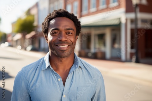 Portrait of a satisfied afro-american man in his 40s wearing a simple cotton shirt against a charming small town main street. AI Generation