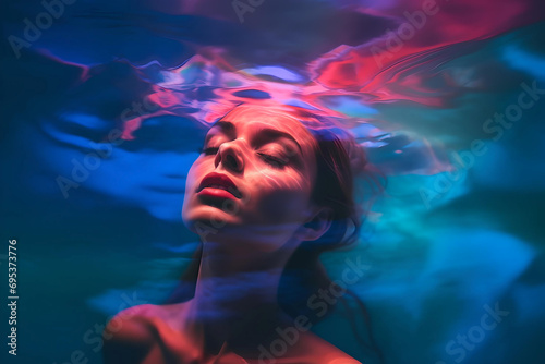 A woman under water with red light around, in the style of psychedelic portraiture, colorful turbulence, photorealistic compositions, light teal and pink, dynamic outdoor shots
