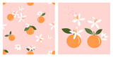Seamless pattern with orange fruit and white flower on pink background. Orange fruit icon sign vector.