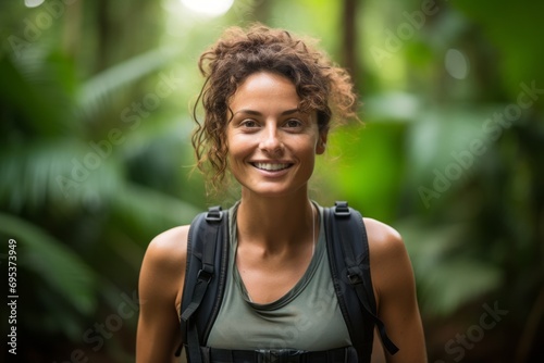 Portrait of a grinning woman in her 30s wearing a lightweight running vest against a lush tropical rainforest. AI Generation