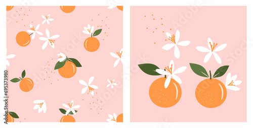 Seamless pattern with orange fruit and white flower on pink background. Orange fruit icon sign vector.