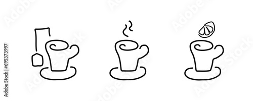 A set of tea cups, with a tea bag and a slice of lemon, contour black linear silhouettes. Vector linear icons for menu, website, cafe design