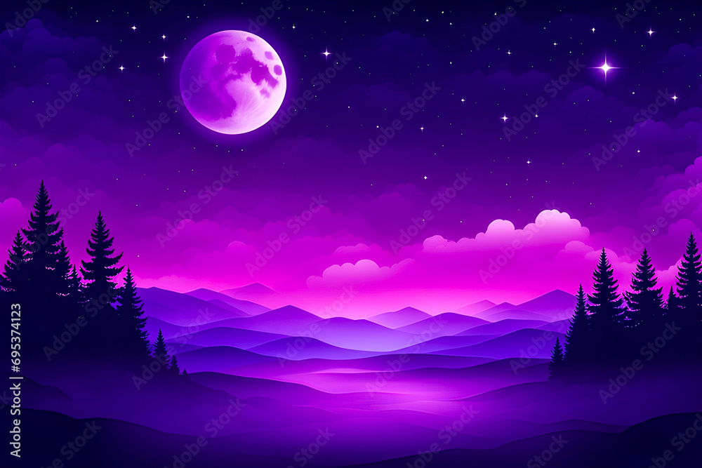 Night landscape with moon, valley and mountains. Blue and purple colors Night landscape with moon, valley and mountains. Blue and purple colors
