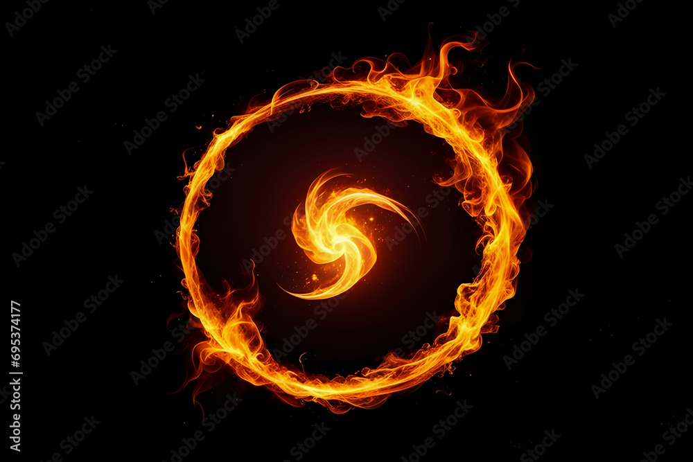 Magic fire circle on black background. Round fiery spell effect - obrazy, fototapety, plakaty 