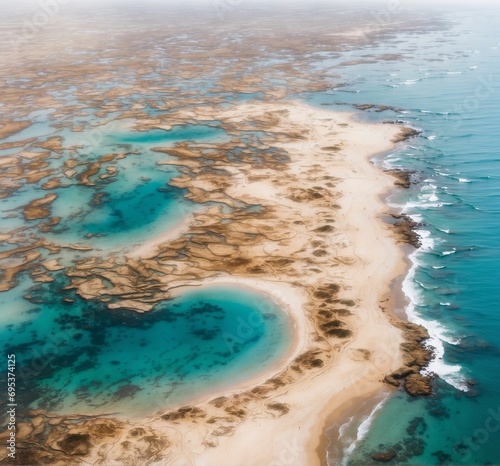 Aerial view of the sandy beach with turquoise water.
