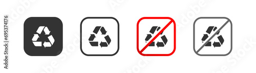 No recycling in red prohibited sign, recycle allowed icon, eco care, green planet, vector illustration.