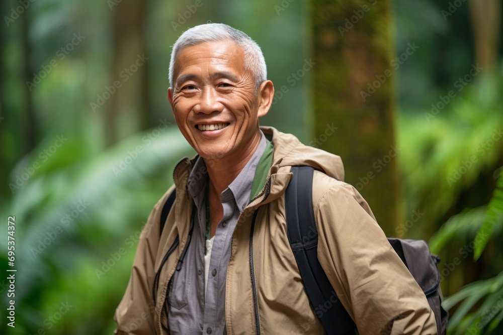 Portrait of a grinning asian man in his 70s sporting a quilted insulated jacket against a lush tropical rainforest. AI Generation Portrait of a grinning asian man in his 70s sporting a quilted insulated jacket against a lush tropical rainforest. AI Generation