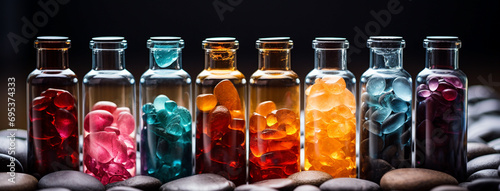 Side closeup photograph of wide colorful cosmetic oil items in colorful bottles lay in manner on a table 