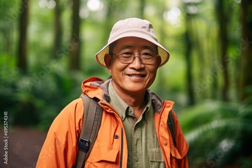 Portrait of a grinning asian man in his 70s sporting a quilted insulated jacket against a lush tropical rainforest. AI Generation