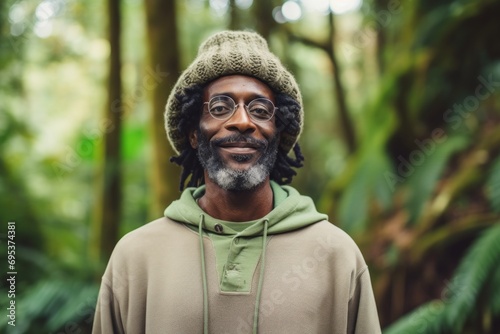 Portrait of a blissful afro-american man in his 50s sporting a trendy beanie against a lush tropical rainforest. AI Generation