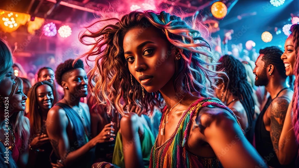 A girl dancing at a disco, people in the background