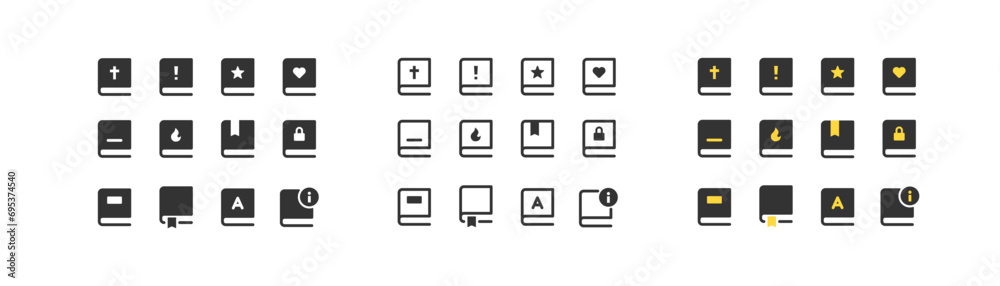 Book and user interface icons set, outline flat and colored vector illustration