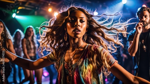 A girl dancing at a disco, people in the background