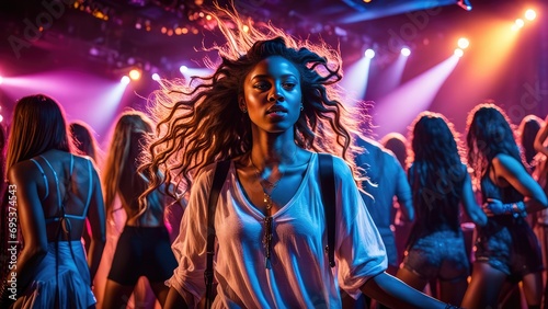 A girl dancing at a disco, people in the background