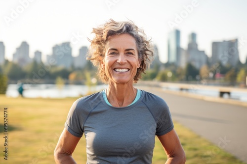 Portrait of a smiling woman in her 50s wearing a moisture-wicking running shirt against a vibrant city park. AI Generation