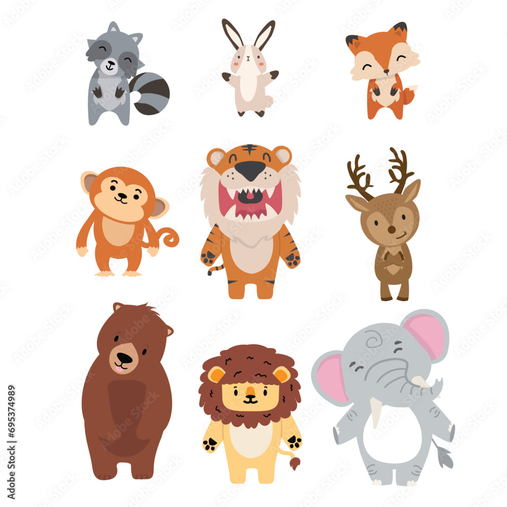 Fototapeta premium Forest Animals flat doodle set