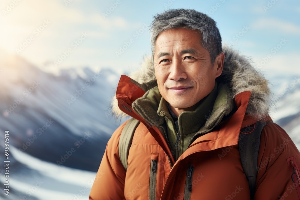 Portrait of a blissful asian man in his 50s wearing a warm parka against a panoramic mountain vista. AI Generation Portrait of a blissful asian man in his 50s wearing a warm parka against a panoramic mountain vista. AI Generation