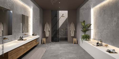 Grey bathroom interior with grey wall, mat marble floor, double ceramic basins on wooden surface, big mirrors, double hanging bathrobes. 3D Rendering photo