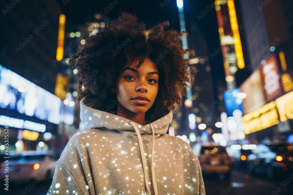 Portrait of a content afro-american woman in her 20s wearing a thermal fleece pullover against a glittering city nightlife. AI Generation