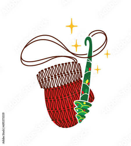 Mitten and hook. Crochet.  Logo. Christmas card. Vector.