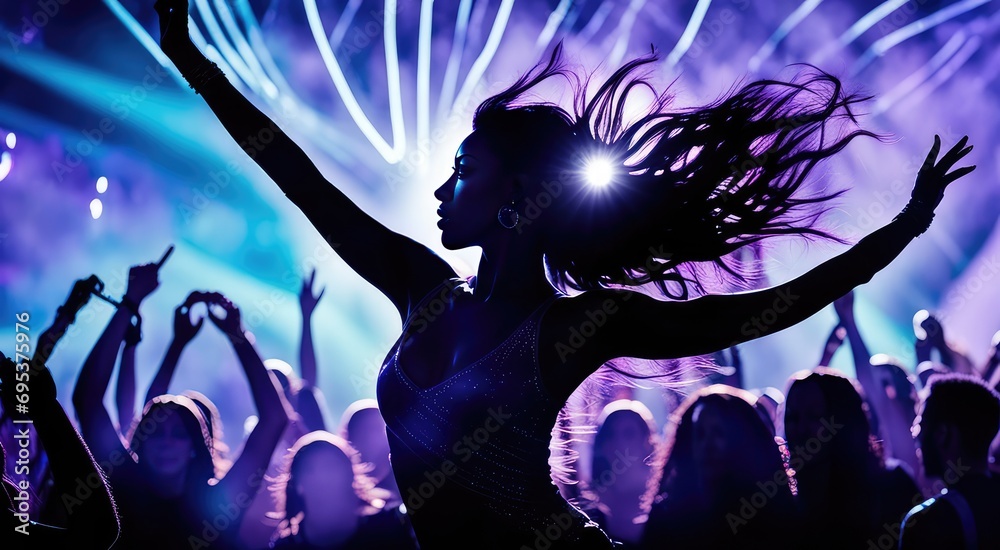 Obraz premium A girl dancing on a blue-blue background and people's hands