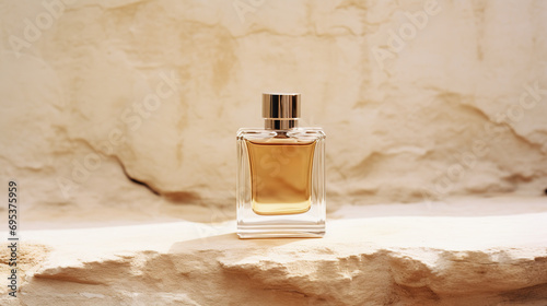 Generative AI, Bottle of beige perfume on a beige natural stone background. Glass flask with fragrance packaging design mock up	
 photo