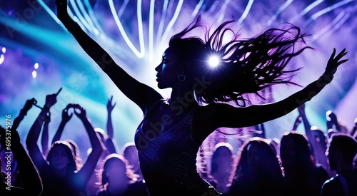 A girl dancing on a blue-blue background and people's hands