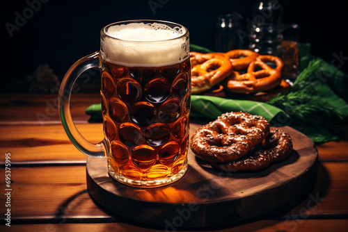 Pub Elegance  Beer Mug with Beer and Pretzels  Marrying Classic Pub-Style Vibes with Modern Flair in Forest Green and Dark Brown.