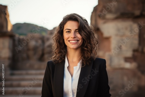 Portrait of a smiling woman in her 40s wearing a professional suit jacket against a backdrop of ancient ruins. AI Generation