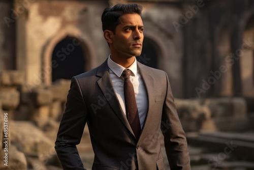 Portrait of a tender indian man in his 40s dressed in a stylish blazer against a backdrop of ancient ruins. AI Generation