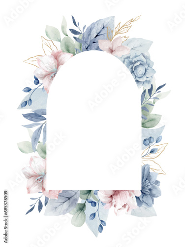 Watercolor vector dusty blue flower frame, delicate clipart with the image of winter flowers. Perfect for wedding invitation, date saving, mothers day, birthday. Hand painted illustration.