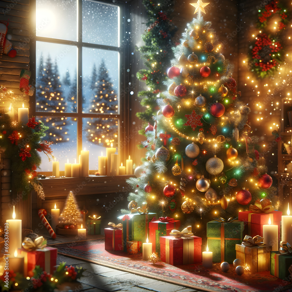A festive Christmas-themed image featuring a beautifully decorated Christmas tree as the central focus.