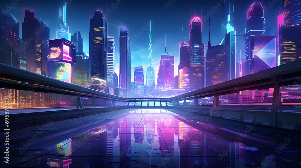 Night city panorama with highway and neon lights. Concept of fast speed