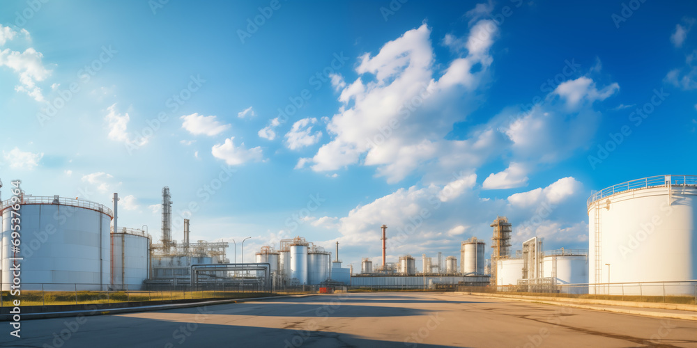 Panoramic View of a Modern Refinery - Energy Production, Oil and Gas Industry, Manufacturing Power, Industrial Architecture, Economic Development, Environmental Impact, Resource Management, Engineerin