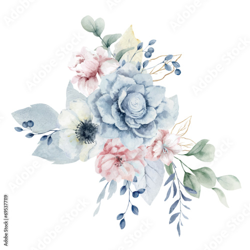Watercolor vector floral bouquet. Dusty blue, pink flowers and branches. Winter blossom flower gentle clip art. Arrangement for wedding, invitations. Hand drawn illustration.
