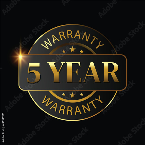 5 year warranty logo with golden shield and golden ribbon.Vector illustration.