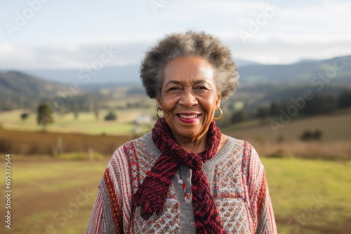 Portrait of a merry afro-american woman in her 80s wearing a chic cardigan against a backdrop of an idyllic countryside. AI Generation