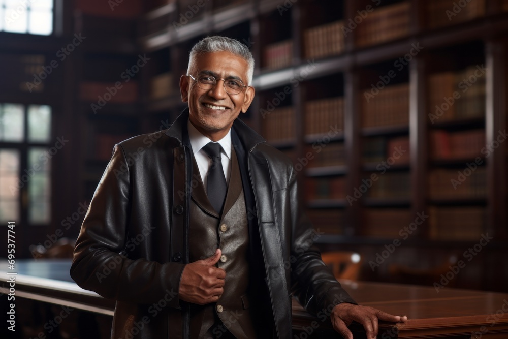 Portrait of a smiling indian man in his 60s sporting a stylish leather blazer against a classic library interior. AI Generation Portrait of a smiling indian man in his 60s sporting a stylish leather blazer against a classic library interior. AI Generation