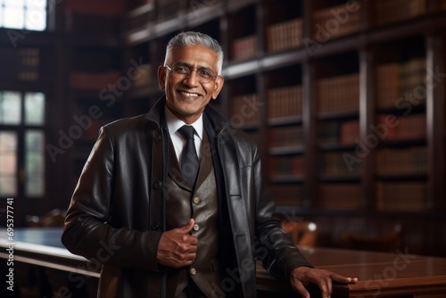 Portrait of a smiling indian man in his 60s sporting a stylish leather blazer against a classic library interior. AI Generation