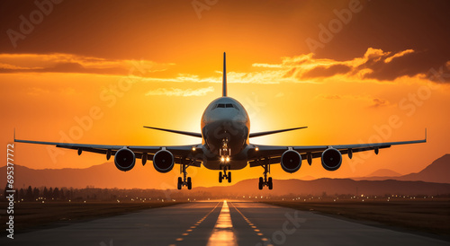 Plane landing at the airport at sunset with passengers and tourists returning from vacation