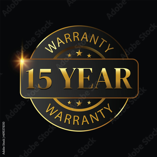 15 year warranty logo with golden shield and golden ribbon.Vector illustration.