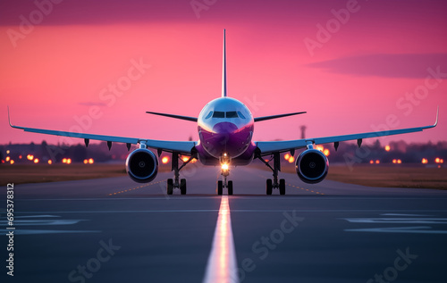 Plane landing at the airport at sunset with passengers and tourists returning from vacation
