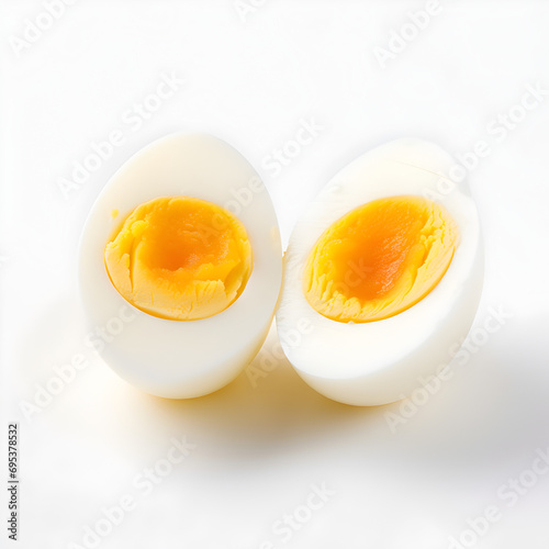 A soft boiled egg cut in half isolated on a white background