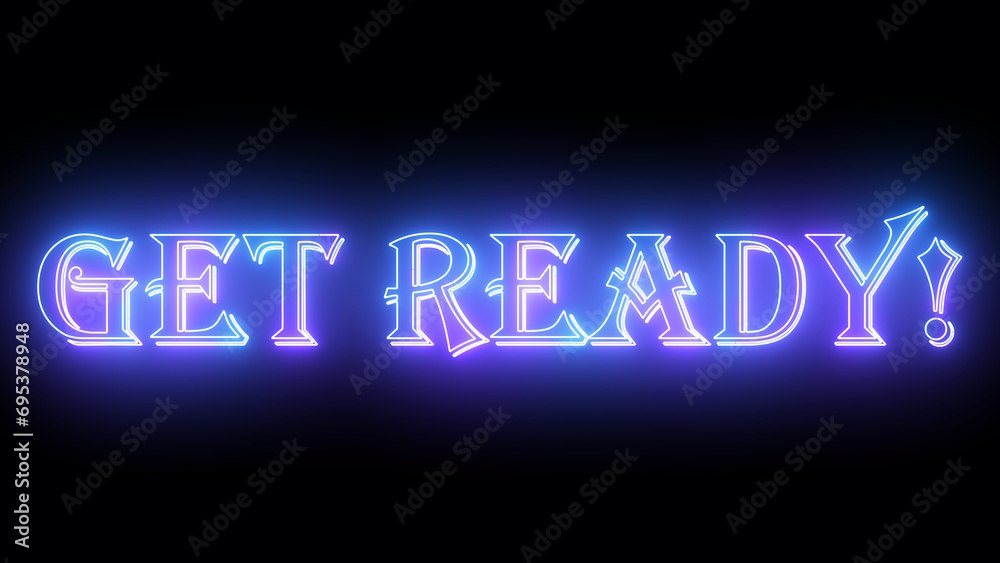 Get Ready! neon glowing text illustration. Neon-colored Get Ready! text with a glowing neon-colored moving outline on a dark background. Technology video material. Get Ready! neon glowing text illustration. Neon-colored Get Ready! text with a glowing neon-colored moving outline on a dark background. Technology video material.