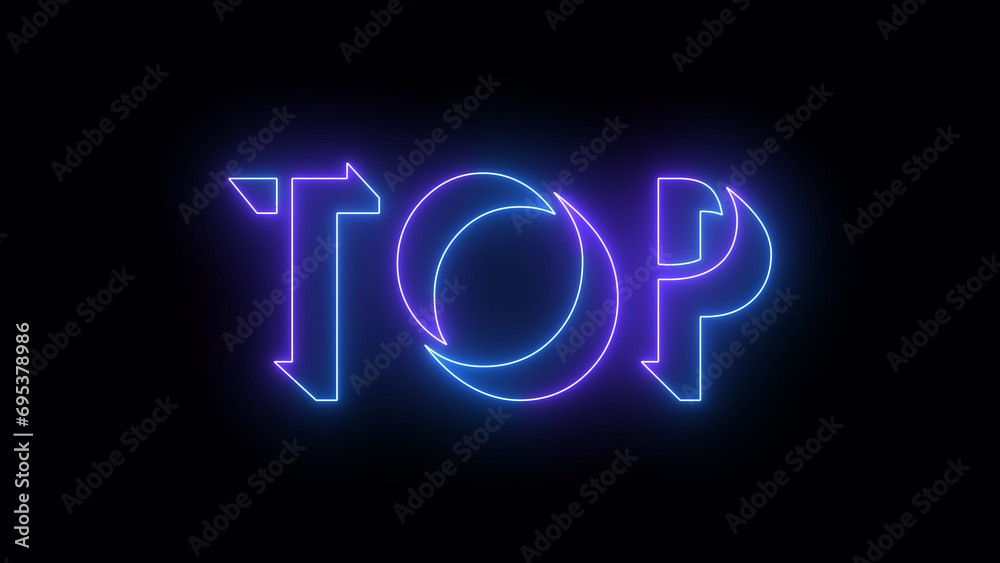 Top neon glowing text illustration. Neon-colored Top text with a glowing neon-colored moving outline on a dark background. Technology video material. Top neon glowing text illustration. Neon-colored Top text with a glowing neon-colored moving outline on a dark background. Technology video material.