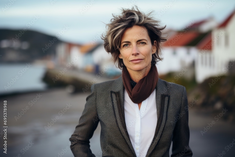 Portrait of a content woman in her 50s wearing a professional suit jacket against a picturesque seaside village. AI Generation