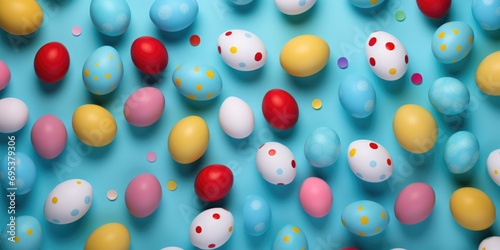 Wallpaper Mural Easter background with colored eggs. Easter eggs over blue background Torontodigital.ca