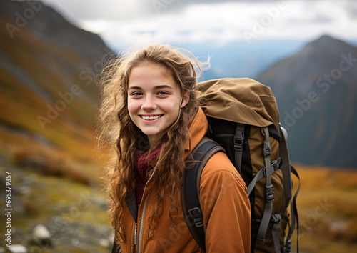A smiling woman wearing orange jacket and a backpack