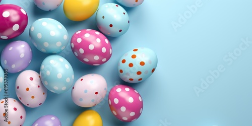 Easter background with colored eggs. Easter eggs over blue background